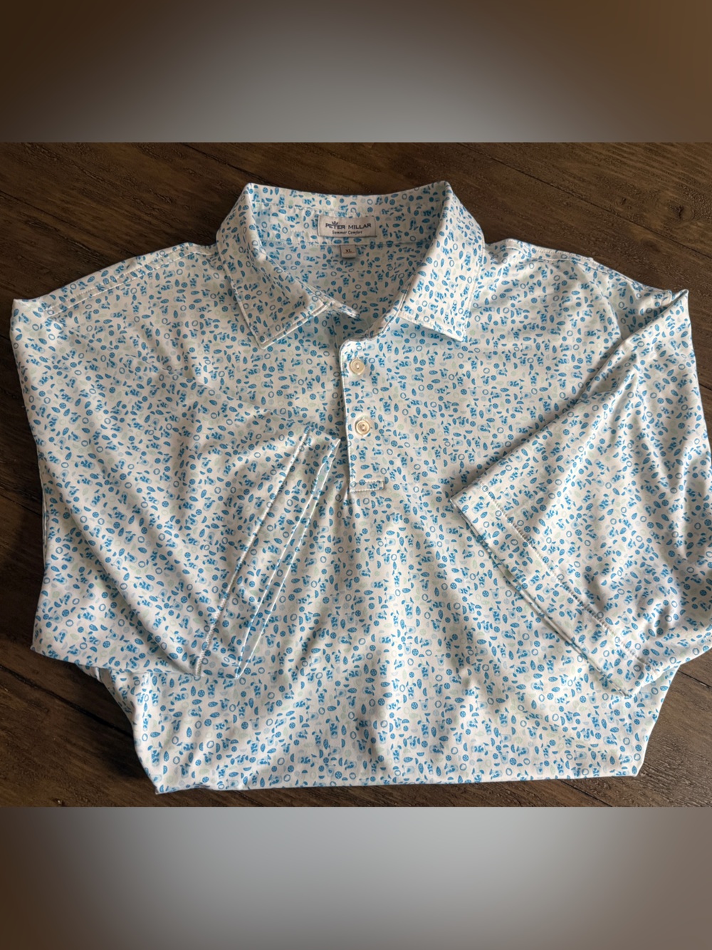 Peter Millar White Shirt with Blue Micro Floral Print XL Polo